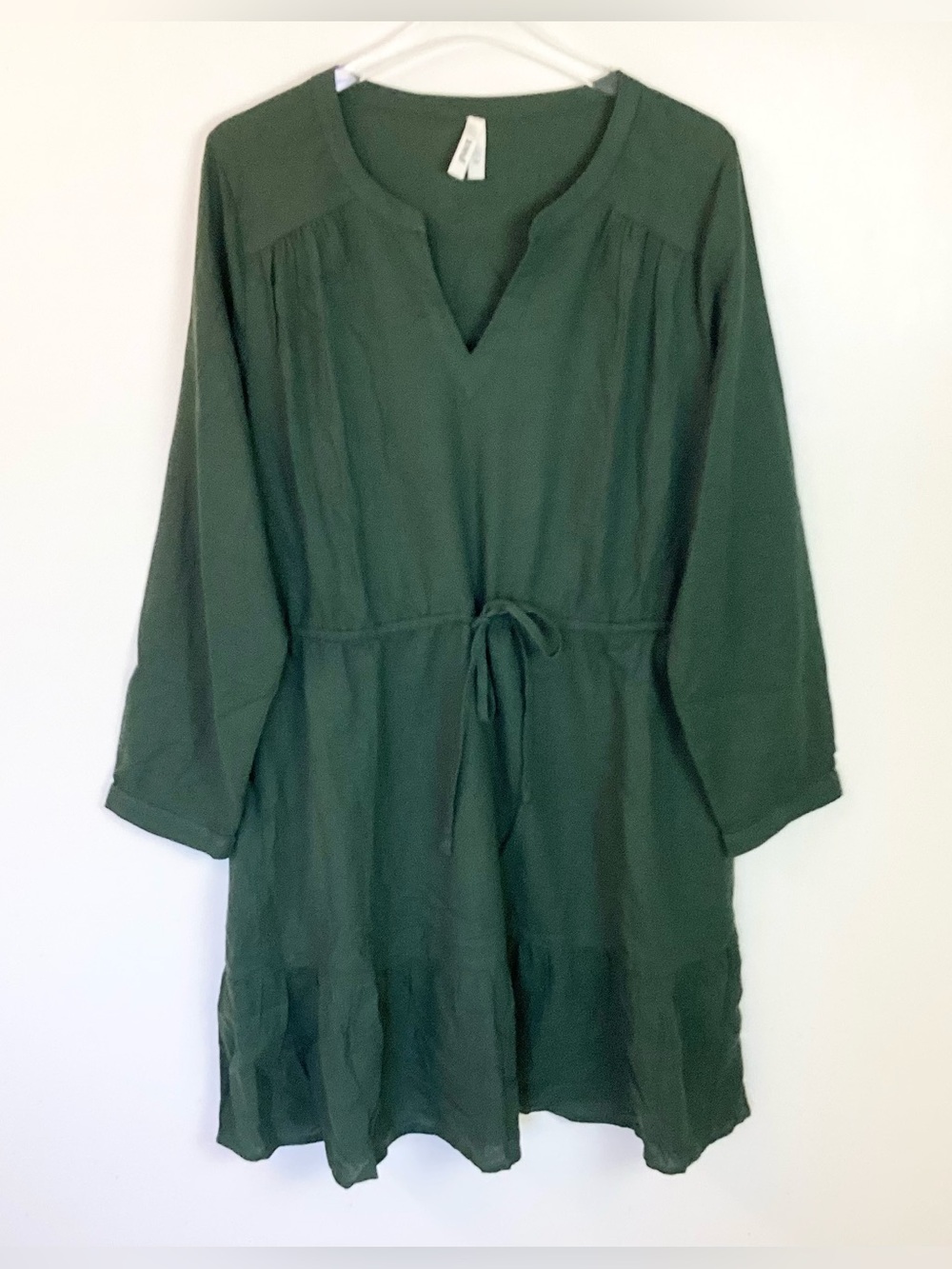 NWOT Pact Organic Long Sleeve Tie Waist Tiered Dress - Green - XL